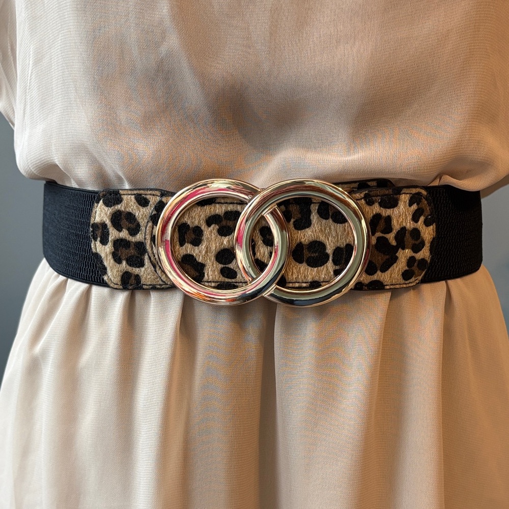 Leopard Print Stretch Belt with Gold Buckle - Picture 1 of 4